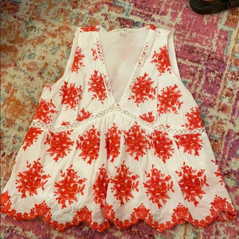 Women’s red and white embroidered top